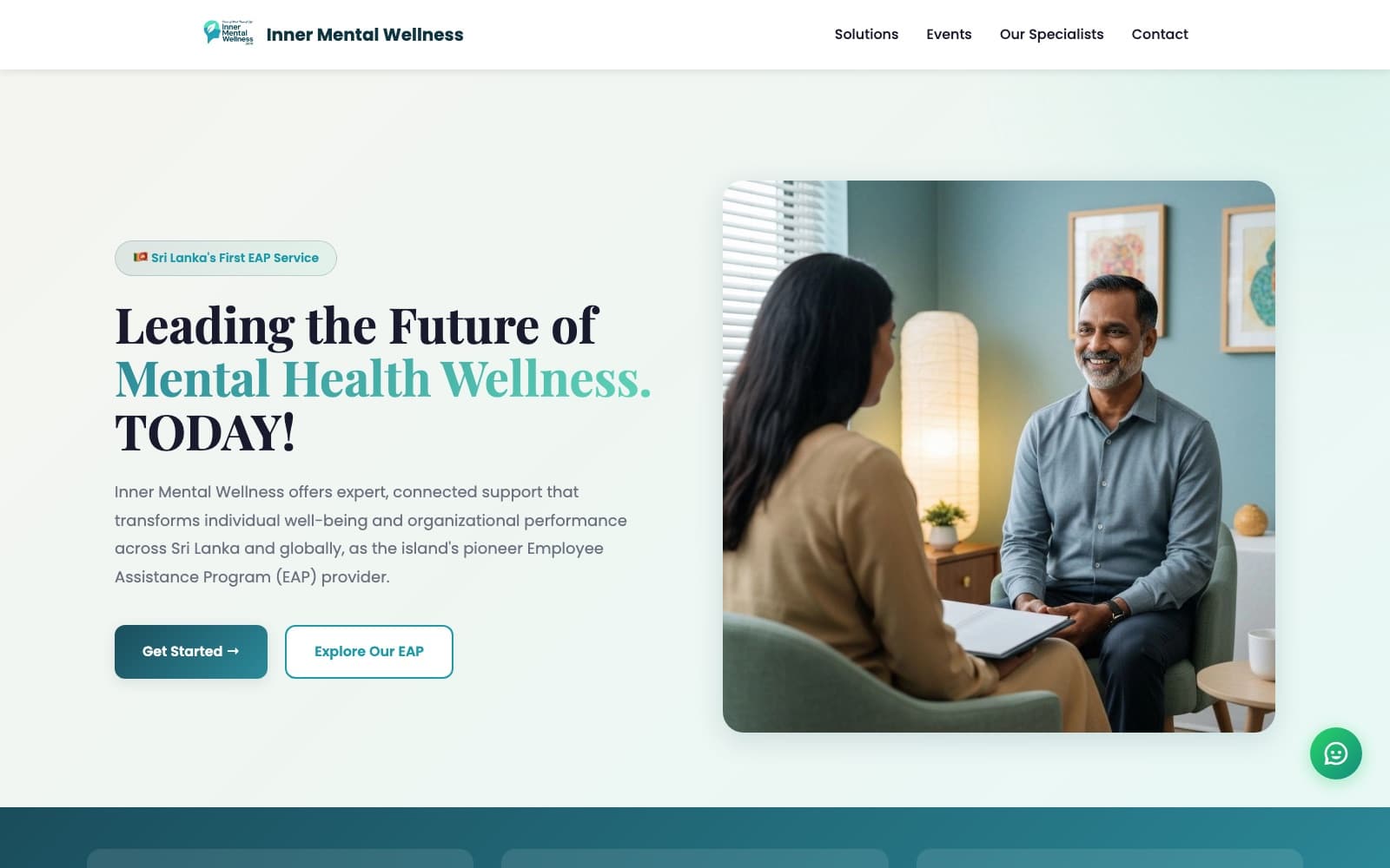 Sri Lanka’s first Employee Assistance Program platform — screenshot of the live product. A platform where employees book therapy anonymously, sessions run securely in the browser, and HR only ever sees aggregated wellness reporting. Stripe handles corporate billing automatically.